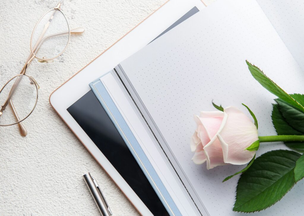 Flat lay women's office desk.